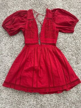 Urban Outfitters UO Marlee Eyelet Puff Sleeve Mini Dress Medium Red Boho M